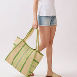 Natural Paper Straw Tote Bag with Multicolor Stripes in Green