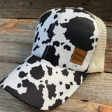 Black White Cow Print Western Trucker Ponytail Hat