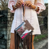Shayne Small Hand Tooled Fringe Clear Crossbody Concert Stadium Bag Brown