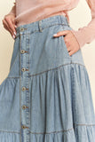 Denim Button-Front Ruffle Hem Maxi Skirt