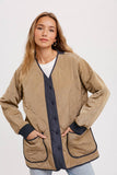 Color Block Lightweight Quilted Button Front Jacket Olive