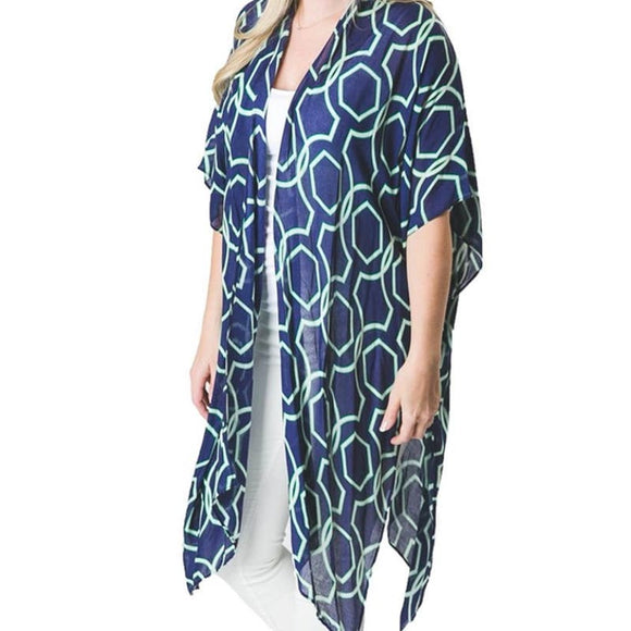 Kari Printed Lightweight Kimono Wrap Shawl Navy Blue Green Geometric