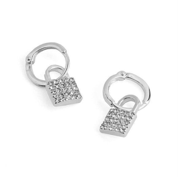 Silver Hoop Crystal Stone Lock Earrings