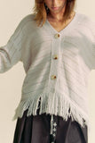 Fringed Textured Stripe Button Front Knit Cardigan Silver Grey