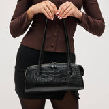 Nessa Croc Print Vegan Leather Shoulder Bag | Black