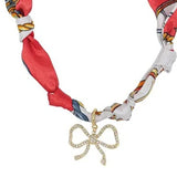 Red White Knotted Scarf Necklace with Rhinestone Open Bow 1.5" Charm Game Day