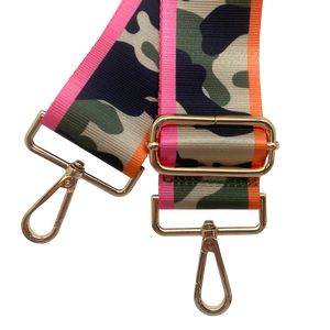 Green Camo with Hot Pink & Orange Edges Adjustable Crossbody Bag Purse Guitar Strap