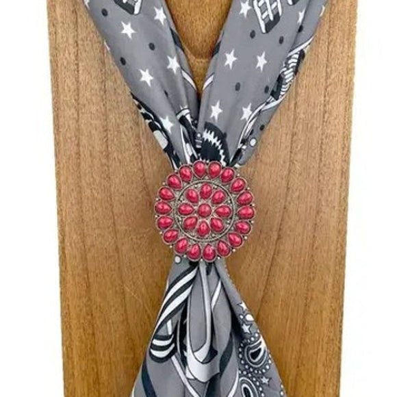 Western Round Silver Tone with Red Stones Wild Rag Scarf Slide