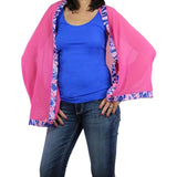 Origami Trim Button Shawl Shrug Wrap Pink with Royal Blue Flamingo Trim