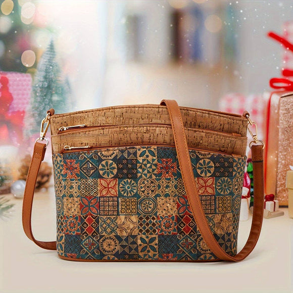 Vintage Floral Print Crossbody Bag Olive Tan