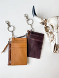 Western Cowhide Leather Keychain Card Cash Wallet Tan and White