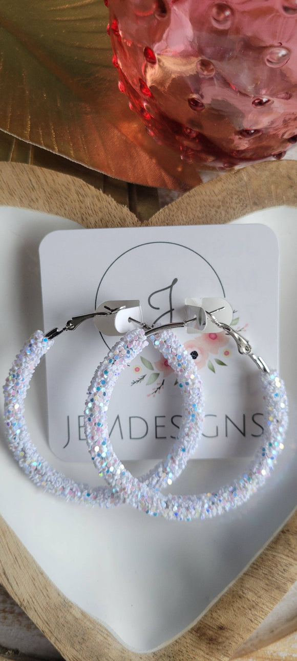 White Glitter Hoop Earrings 2 inch or 50mm