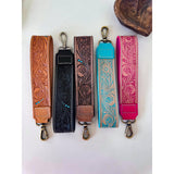 Hand Tooled Leather Wristlet Keychain Key Fob Chunky Tan