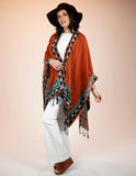 Southwest Western Aztec Border Ruana Wrap Shawl Rust