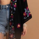 Lightweight Boho Festival Floral Embroidered Anemone Kimono Black