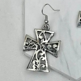 Silver Tone Cross Scroll Dangle Earrings