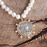 Boho Coin & Pearl Statement Necklace | Mixed Metal Gold & Silver Tone