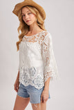Boho Sheer Crochet Top - 3/4 Sleeve Lace Blouse Ivory
