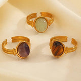 Sunburst Stone Ring - 18K Gold Adjustable Stainless Steel Jade