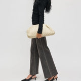 Veronica Woven Vegan Leather Clutch | Oatmilk with Gold Hardware & Chain Strap