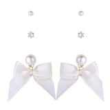3 Pack Pearl White Bow and Stud Earrings Set