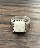 Square White Turquoise Adjustable Ring – Antique Silver Brass Band