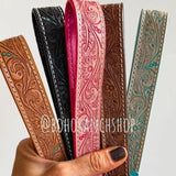 Hand Tooled Leather Wristlet Keychain Key Fob Skinny Pink