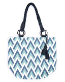 Blue White Mountain Leather Handled Cotton Tote