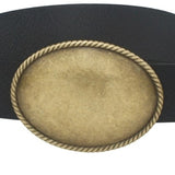 Black Western Rope Trim Vegan Leather Belt with Oval Burnished Gold Buckle