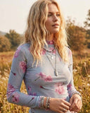 Floral Mesh Mock Neck Top — Aqua Blue