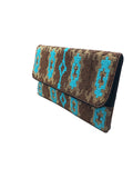 Gold & Turquoise Ikat Beaded Clutch with Crossbody Chain