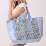 Nautical Stripe Paper Straw Tote Bag in Blue