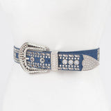 Rhinestone & Metal Studded Elastic Belt in Light Blue