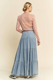 Denim Button-Front Ruffle Hem Maxi Skirt