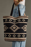 Western Boho Aztec Woven Cotton Shopper Tote Black Taupe Cream Brown Pom Tassel