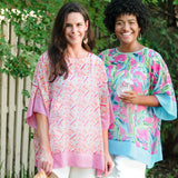 Lexi Boho Tropical Brush Sheer One Size Poncho Cover up Teal Pink