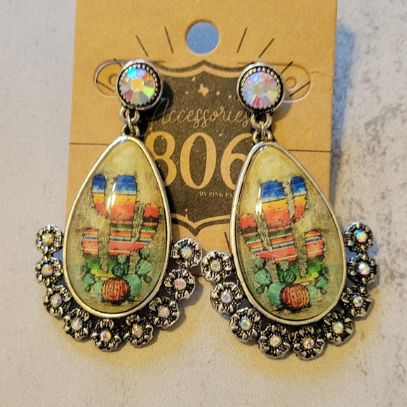 Scenic Southwest Western Cactus Acrylic Rhinestone Teardrop Earrings