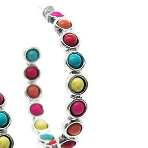 Multicolor Stone Silver Western Hoop Earring 1.5"