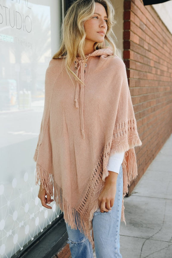 Classic Knit Lace Up Hooded Poncho