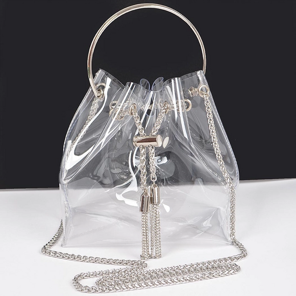 Clear Bucket Bag with Silver Chain Tassels