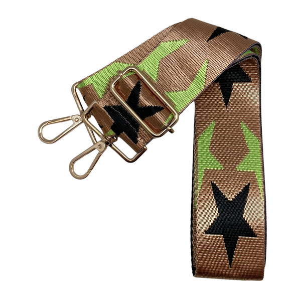Lime Green Black Stars on Tan Strap Lone Star Adjustable Crossbody Bag Purse Guitar Strap