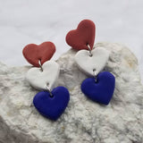 Clay Patriotic Americana Independence Red White Blue Heart Dangle Earrings