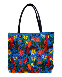 Embroidered Floral Toucan Large Suede Purse Tote Bag