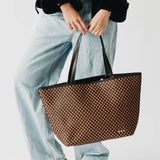 Woven Tiffany Organizer Tote Bag Brown White Checkered