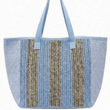 Nautical Stripe Paper Straw Tote Bag in Blue
