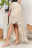 Crochet Lace High-Low Maxi Skirt in Beige