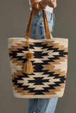 Cream Black Tan Western Tote Bag - Aztec Cotton Tote with Pom Tassel 17"