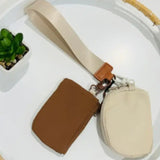 Dual Pouch Wallets Wristlet Keychain Brown Cream