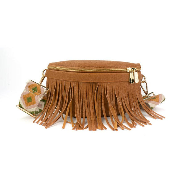 Saylor Brown Fringe Crossbody with Gray Leopard Crossbody Strap