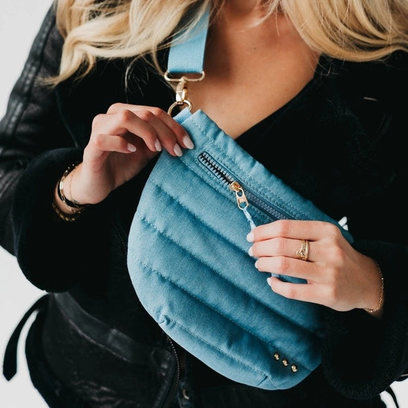 Light Denim Blue Quilted Puffer Sling Crossbody Belt Bag